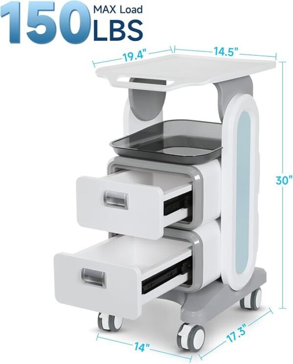 Medical Trolley Cart with 2 Drawers, Mobile Ultrasound Rolling Cart with Wheels and Trays, 150 LBS MAX Load Utility Storage Trolley for Hospital Dental Clinic Beauty Salon