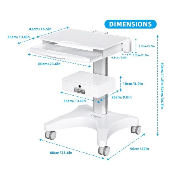 Medical Trolley Cart with Laptop Tray and Oral Scanner Holder, Mobile Workstation on Wheels with a Drawer for Hospital Dental Clinics Beauty Salons (OC-3) | Aviation aluminum, 360° lockable wheels, lockable drawer, 30kg load capacity, universal scanner holder for dental clinic use