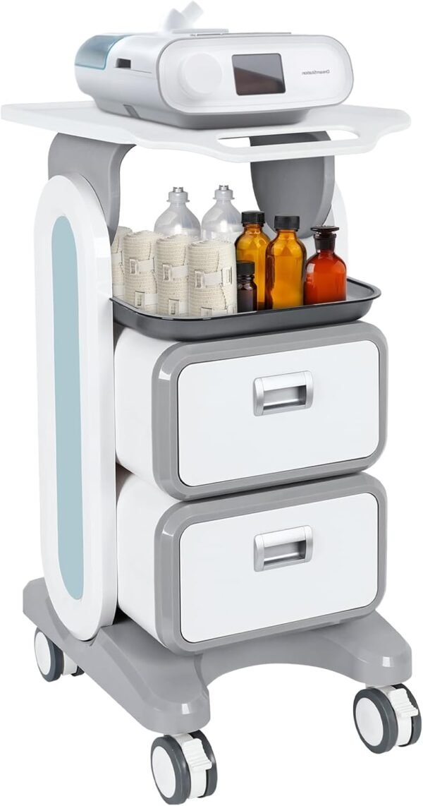 Medical Trolley Cart with 2 Drawers, Mobile Ultrasound Rolling Cart with Wheels and Trays, 150 LBS MAX Load Utility Storage Trolley for Hospital Dental Clinic Beauty Salon