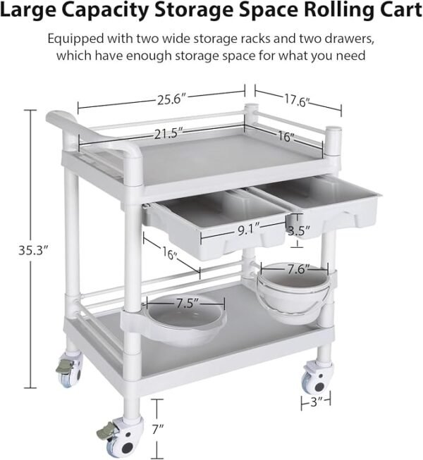 Medical Mobile Trolley Cart 2-Shelf 220 LBS Max Load Rolling Utility Cart Heavy Duty Beauty Salon Storage Cart with Drawers Dirt Buckets Rotate Wheels 2 Brake for Hospital Dental Clinic Home