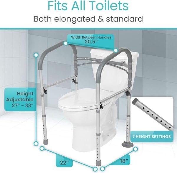 Vive Toilet Safety Rail - Medical Chair for Handicapped & Seniors - Folding Bathroom Frame w/Handles, Arms for Elderly, Disabled - Standalone Grab Bar - Seat Assistance Support Stand Up Assist