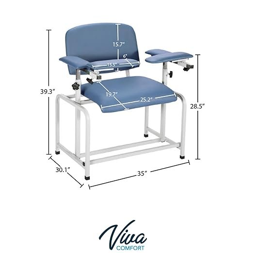 VivaComfort Blue Bariatric Wide Padded Blood Drawing Chair, Phlebotomy Chair with Adjustable Armrest, 35" H x 18" L x 29"W, Blood Draw Chair, Medical Chair, Great for Mommy and Me