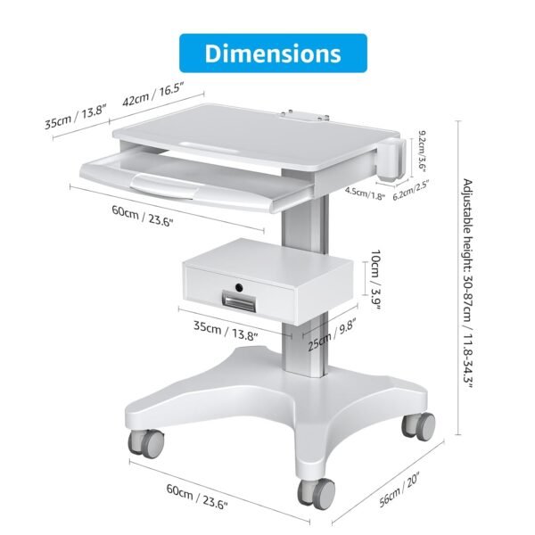 Medical Trolley Cart with Laptop Tray and Oral Scanner Holder, Mobile Workstation on Wheels with a Drawer for Hospital Dental Clinics Beauty Salons (OC-3) | Aviation aluminum, 360° lockable wheels, lockable drawer, 30kg load capacity, universal scanner holder for dental clinic use