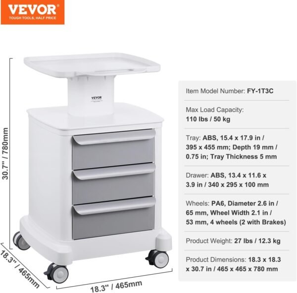 VEVOR 4 Tiers Lab Carts, Lab Utility Cart with 3 Drawers & 1 Top Tray, Mobile Medical Cart with ABS Material, Lab Rolling Cart with 4 Silent Wheels for Lab, Clinic, Hospital, Salon, White