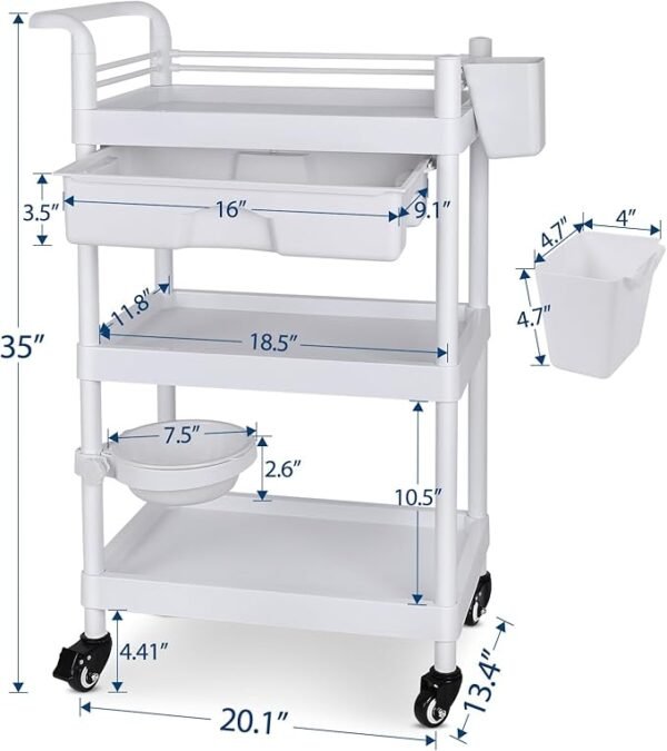 Medical Carts with Wheels 3-Tier Mobile Trolley Cart 100 LBS Max Load Medical Rolling Utility Cart with Drawers Dirt Basin Storage Buckets for Hospital Dental Clinic Lab Salon Home
