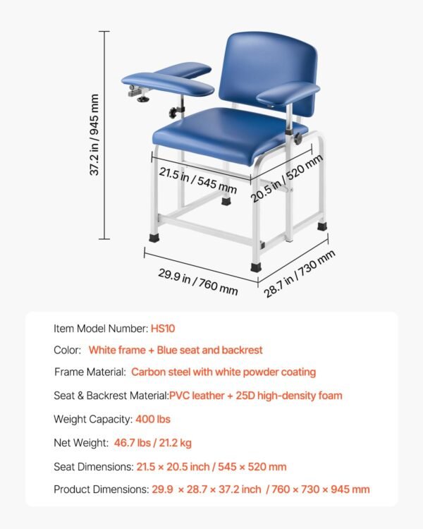 VEVOR Phlebotomy Chair, Blood Draw Chair with Adjustable Armrests and Flip Arm, 400LBS Loading Blood Drawing Medical Chair with Soft Padded Seat, Easy-to-Clean PVC Leather for Hospitals, Labs, Clinics