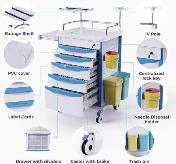 Rolling Emergency Medical Storage Crash Cart with Drawers -CPR Board, IV Pole, Silent Casters, Trash Bin, O2 Holder, Drawer with Dividers, File Box, Nursing Cart for Clinic, Hospital, Salon