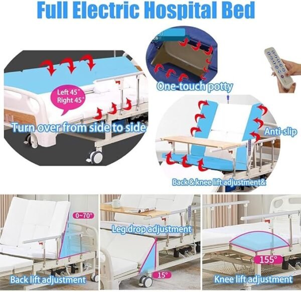 Falluk Full Electric Hospital ICU Bed for Home Use with 10 Fuctions, Lateral Tilting Features, with Remote Control, Individual Locking, IV Pole, Mattress, Quiet Wheels, Dining Table Board
