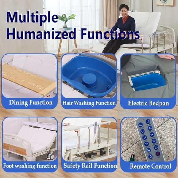 Falluk Full Electric Hospital ICU Bed for Home Use with 10 Fuctions, Lateral Tilting Features, with Remote Control, Individual Locking, IV Pole, Mattress, Quiet Wheels, Dining Table Board