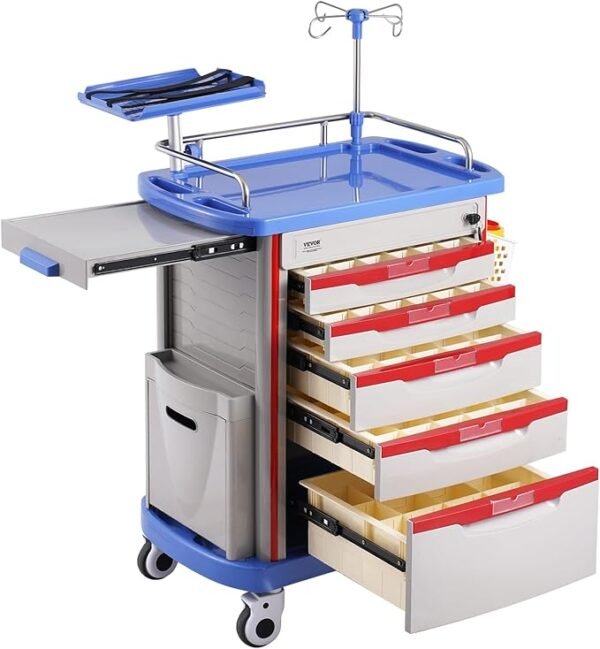 VEVOR 4 Tiers Lab Carts, Lab Utility Cart with 3 Drawers & 1 Top Tray, Mobile Medical Cart with ABS Material, Lab Rolling Cart with 4 Silent Wheels for Lab, Clinic, Hospital, Salon, White
