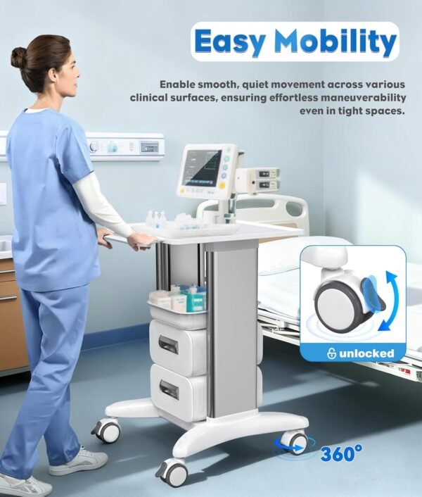 Medical Trolley Cart with Drawers, Hospital Mobile Ultrasound Cart with Trays&4 Silent Swivel Wheels,220 LBS Load Portable Storage Drawer for Hospital, Dental Clinic,Beauty Salon (White/Double drawer)