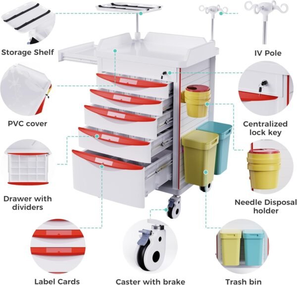 Rolling Emergency Medical Storage Crash Cart with Drawers -CPR Board, IV Pole, Silent Casters, Trash Bin, O2 Holder, Drawer with Dividers, File Box, Nursing Cart for Clinic, Hospital, Salon