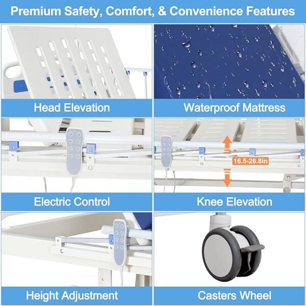 Premium Hospital Bed - 3 Function Full Electric Hospital ICU Bed with 4.7" Memory Foam Mattress Included Jetcon Motor & Control System and Central Locking System with 5" Casters