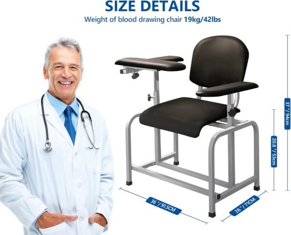 Helsevesen Blood Drawing Phlebotomy Chair, Comfortable Padded Lab Draw Chair with Adjustable Armrest (Black)