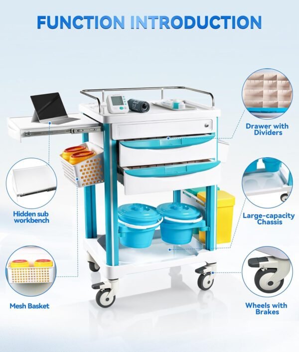 Medical Trolley Cart with Drawers, Hospital Mobile Ultrasound Cart with Trays&4 Silent Swivel Wheels,220 LBS Load Portable Storage Drawer for Hospital, Dental Clinic,Beauty Salon (White/Double drawer)