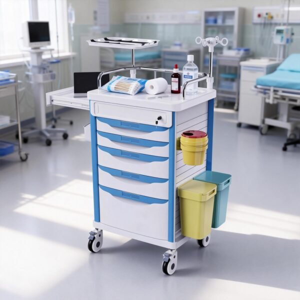 Rolling Emergency Medical Storage Crash Cart with Drawers -CPR Board, IV Pole, Silent Casters, Trash Bin, O2 Holder, Drawer with Dividers, File Box, Nursing Cart for Clinic, Hospital, Salon