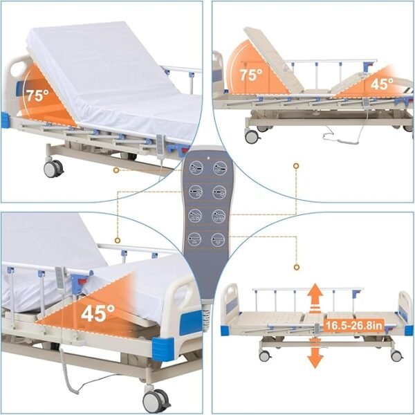 Premium Hospital Bed - 3 Function Full Electric Hospital ICU Bed with 4.7" Memory Foam Mattress Included Jetcon Motor & Control System and Central Locking System with 5" Casters