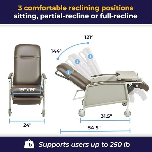 Drive Medical 3 Position Geri Chair Recliner, Reclining Chair with Armrests and Tray, Tan