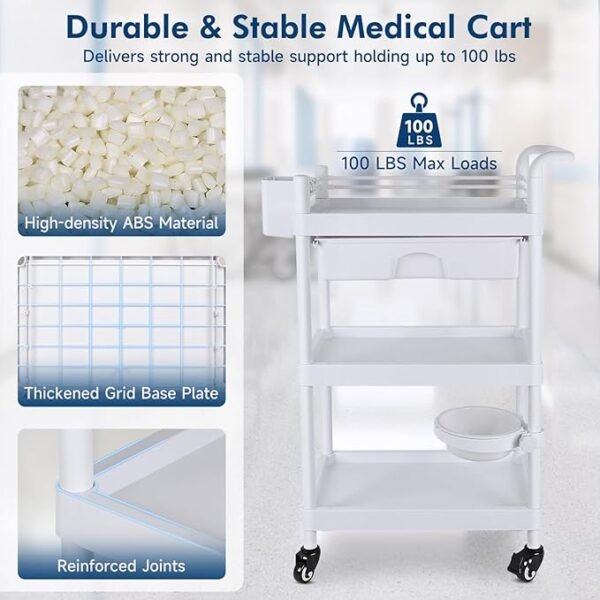 Medical Carts with Wheels 3-Tier Mobile Trolley Cart 100 LBS Max Load Medical Rolling Utility Cart with Drawers Dirt Basin Storage Buckets for Hospital Dental Clinic Lab Salon Home