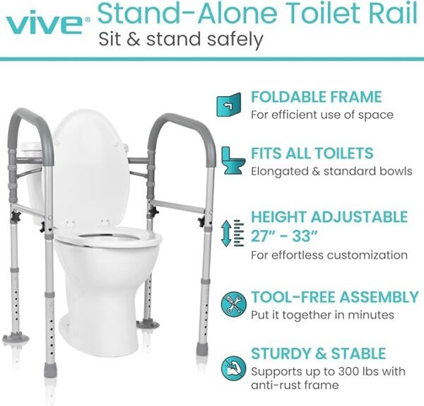 Vive Toilet Safety Rail - Medical Chair for Handicapped & Seniors - Folding Bathroom Frame w/Handles, Arms for Elderly, Disabled - Standalone Grab Bar - Seat Assistance Support Stand Up Assist