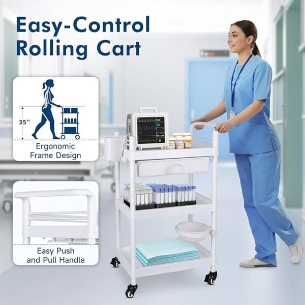 Medical Carts with Wheels 3-Tier Mobile Trolley Cart 100 LBS Max Load Medical Rolling Utility Cart with Drawers Dirt Basin Storage Buckets for Hospital Dental Clinic Lab Salon Home