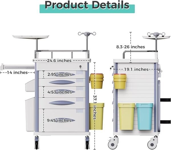 Rolling Emergency Medical Storage Crash Cart with Drawers -CPR Board, IV Pole, Silent Casters, Trash Bin, O2 Holder, Drawer with Dividers, File Box, Nursing Cart for Clinic, Hospital, Salon
