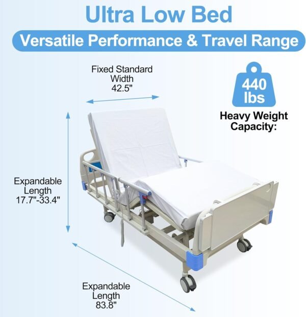 Premium Hospital Bed - 3 Function Full Electric Hospital ICU Bed with 4.7" Memory Foam Mattress Included Jetcon Motor & Control System and Central Locking System with 5" Casters