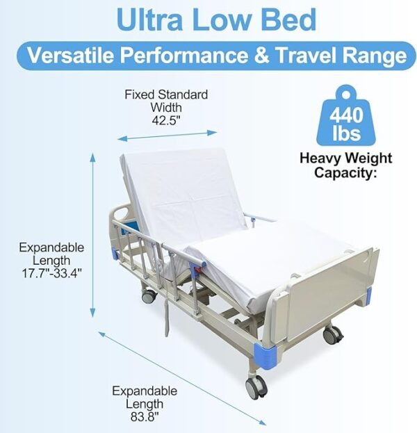 Premium Hospital Bed - 3 Function Full Electric Hospital ICU Bed with 4.7" Memory Foam Mattress Included Jetcon Motor & Control System and Central Locking System with 5" Casters
