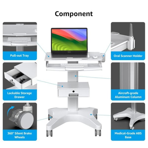 Medical Trolley Cart with Laptop Tray and Oral Scanner Holder, Mobile Workstation on Wheels with a Drawer for Hospital Dental Clinics Beauty Salons (OC-3) | Aviation aluminum, 360° lockable wheels, lockable drawer, 30kg load capacity, universal scanner holder for dental clinic use