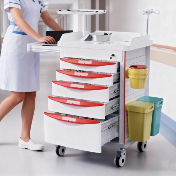 Rolling Emergency Medical Storage Crash Cart with Drawers -CPR Board, IV Pole, Silent Casters, Trash Bin, O2 Holder, Drawer with Dividers, File Box, Nursing Cart for Clinic, Hospital, Salon