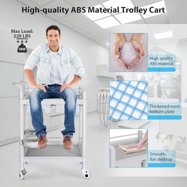 Medical Mobile Trolley Cart 2-Shelf 220 LBS Max Load Rolling Utility Cart Heavy Duty Beauty Salon Storage Cart with Drawers Dirt Buckets Rotate Wheels 2 Brake for Hospital Dental Clinic Home
