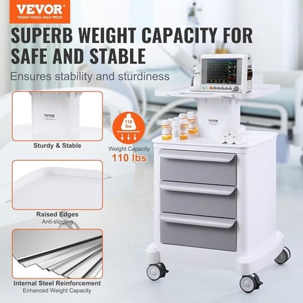 VEVOR 4 Tiers Lab Carts, Lab Utility Cart with 3 Drawers & 1 Top Tray, Mobile Medical Cart with ABS Material, Lab Rolling Cart with 4 Silent Wheels for Lab, Clinic, Hospital, Salon, White