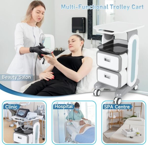 Medical Trolley Cart with 2 Drawers, Mobile Ultrasound Rolling Cart with Wheels and Trays, 150 LBS MAX Load Utility Storage Trolley for Hospital Dental Clinic Beauty Salon