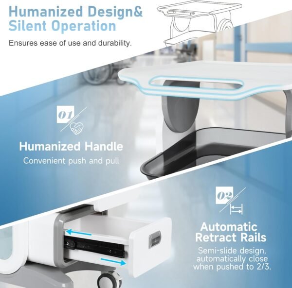 Medical Trolley Cart with 2 Drawers, Mobile Ultrasound Rolling Cart with Wheels and Trays, 150 LBS MAX Load Utility Storage Trolley for Hospital Dental Clinic Beauty Salon