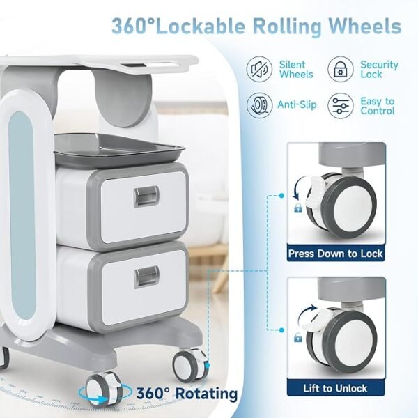 Medical Trolley Cart with 2 Drawers, Mobile Ultrasound Rolling Cart with Wheels and Trays, 150 LBS MAX Load Utility Storage Trolley for Hospital Dental Clinic Beauty Salon