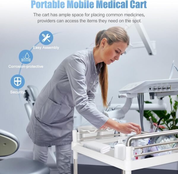 Medical Mobile Trolley Cart 2-Shelf 220 LBS Max Load Rolling Utility Cart Heavy Duty Beauty Salon Storage Cart with Drawers Dirt Buckets Rotate Wheels 2 Brake for Hospital Dental Clinic Home