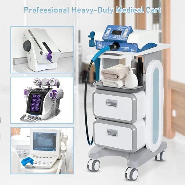 Medical Trolley Cart with 2 Drawers, Mobile Ultrasound Rolling Cart with Wheels and Trays, 150 LBS MAX Load Utility Storage Trolley for Hospital Dental Clinic Beauty Salon