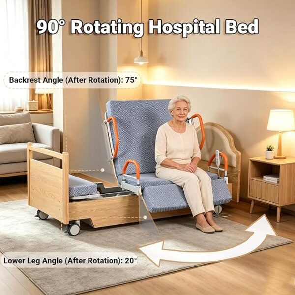 Full Rotating Electric Hospital Bed for Home Use with 90° Rotation, Premium 5 Function Lateral Tilting Medical Bed with 8cm Mattress, Side Rails, Oak Finish, Locking Casters, 550lbs Capacity