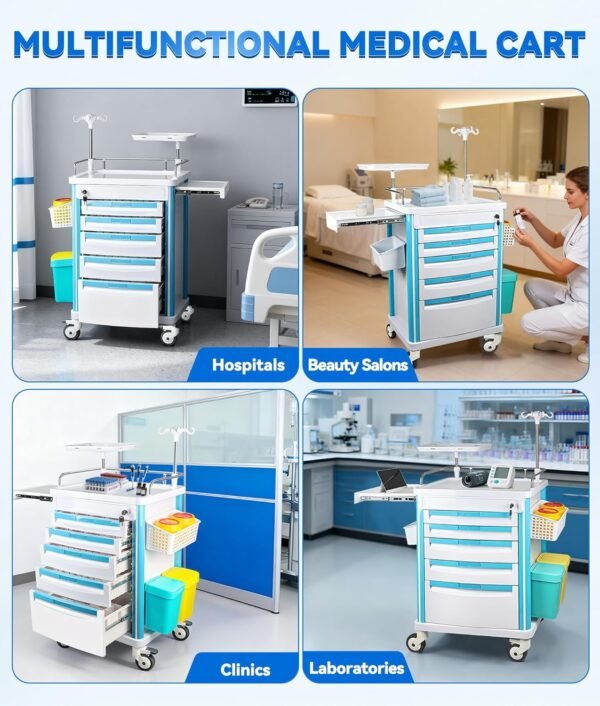 Medical Trolley Cart with Drawers, Hospital Mobile Ultrasound Cart with Trays&4 Silent Swivel Wheels,220 LBS Load Portable Storage Drawer for Hospital, Dental Clinic,Beauty Salon (White/Double drawer)