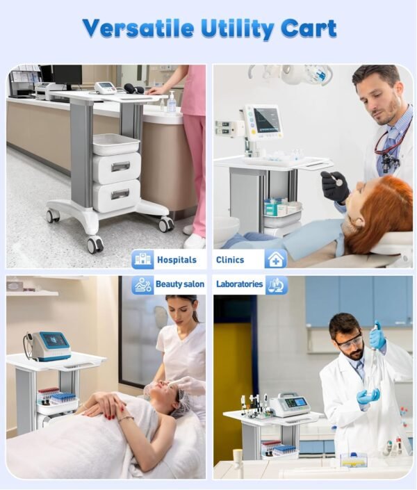 Medical Trolley Cart with Drawers, Hospital Mobile Ultrasound Cart with Trays&4 Silent Swivel Wheels,220 LBS Load Portable Storage Drawer for Hospital, Dental Clinic,Beauty Salon (White/Double drawer)