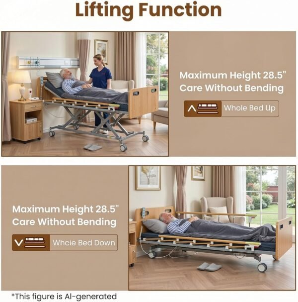 Careboda Full Electric Hospital Bed for Home Use – 5-Function Adjustable with German Motor, 4" PU Memory Foam Mattress, Foldable Safety Rails, Remote, Overbed Table, Height 9.4"–28.5", Up to 530 lbs