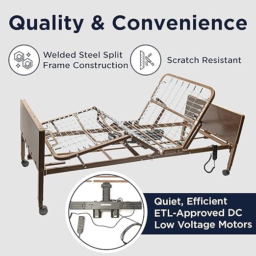 Electric Hospital Bed for Home Use - Includes Foam Mattress, Half Rails, Overbed Table - Medical Bed Set for Long Term Care - 36" x 80"