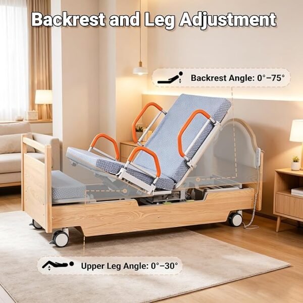 Full Rotating Electric Hospital Bed for Home Use with 90° Rotation, Premium 5 Function Lateral Tilting Medical Bed with 8cm Mattress, Side Rails, Oak Finish, Locking Casters, 550lbs Capacity