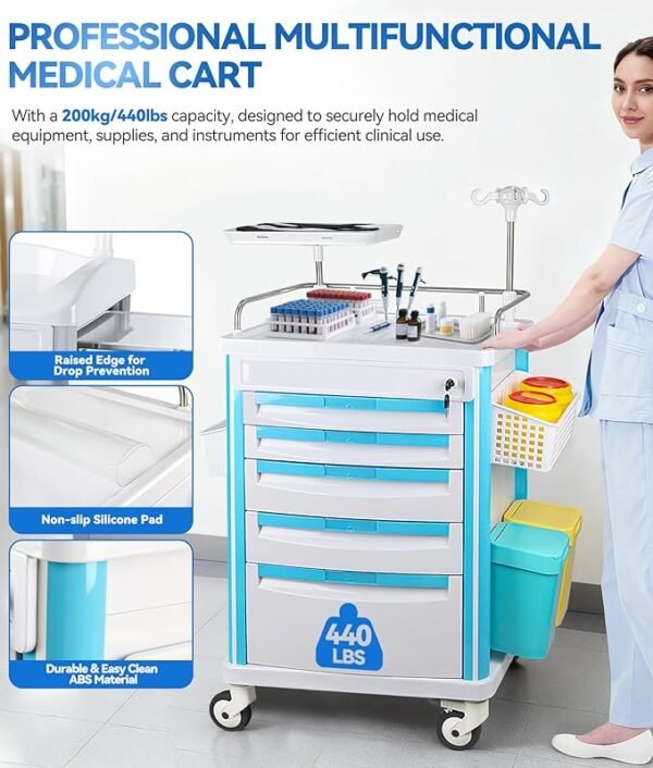 Medical Trolley Cart with Drawers, Hospital Mobile Ultrasound Cart with Trays&4 Silent Swivel Wheels,220 LBS Load Portable Storage Drawer for Hospital, Dental Clinic,Beauty Salon (White/Double drawer)