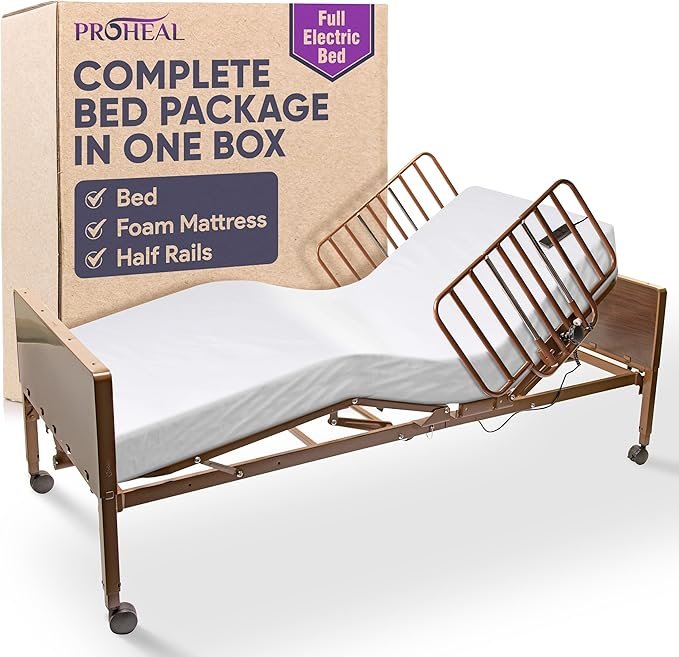 ProHeal Full Electric Hospital Bed Package for Home Use and Seniors - with Foam Mattress, Half Rails - Multi Function Adjustable Medical Bed - One Box Package