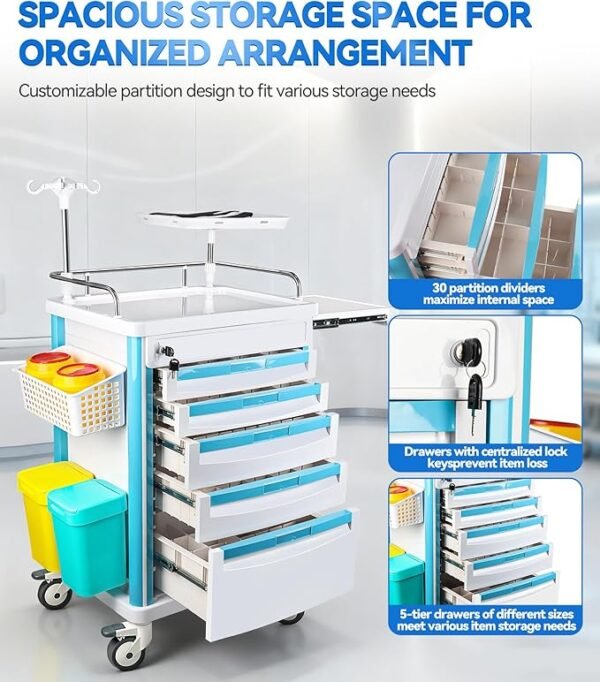 Medical Trolley Cart with Drawers, Hospital Mobile Ultrasound Cart with Trays&4 Silent Swivel Wheels,220 LBS Load Portable Storage Drawer for Hospital, Dental Clinic,Beauty Salon (White/Double drawer)
