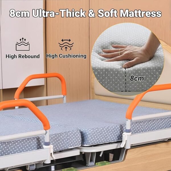 Full Rotating Electric Hospital Bed for Home Use with 90° Rotation, Premium 5 Function Lateral Tilting Medical Bed with 8cm Mattress, Side Rails, Oak Finish, Locking Casters, 550lbs Capacity