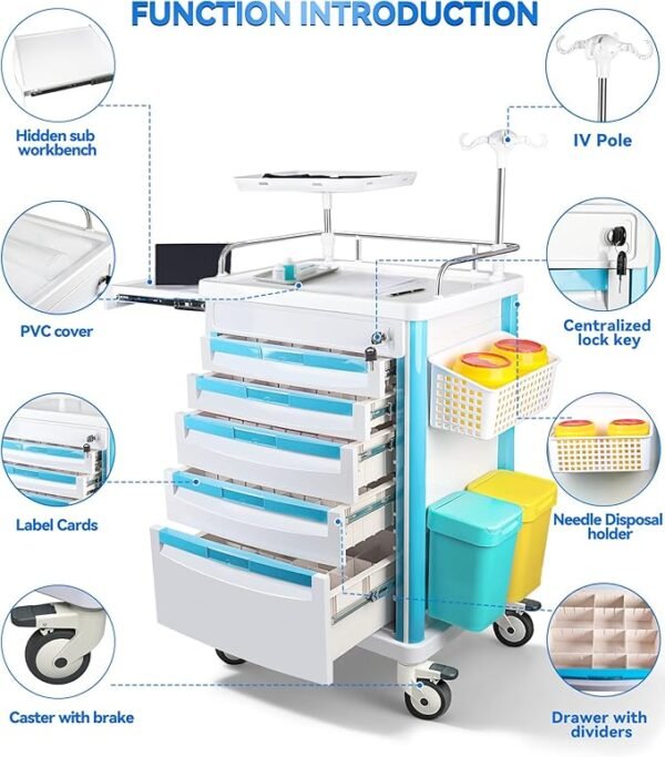 Medical Trolley Cart with Drawers, Hospital Mobile Ultrasound Cart with Trays&4 Silent Swivel Wheels,220 LBS Load Portable Storage Drawer for Hospital, Dental Clinic,Beauty Salon (White/Double drawer)
