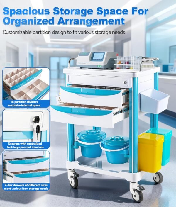 Medical Trolley Cart with Drawers, Hospital Mobile Ultrasound Cart with Trays&4 Silent Swivel Wheels,220 LBS Load Portable Storage Drawer for Hospital, Dental Clinic,Beauty Salon (White/Double drawer)