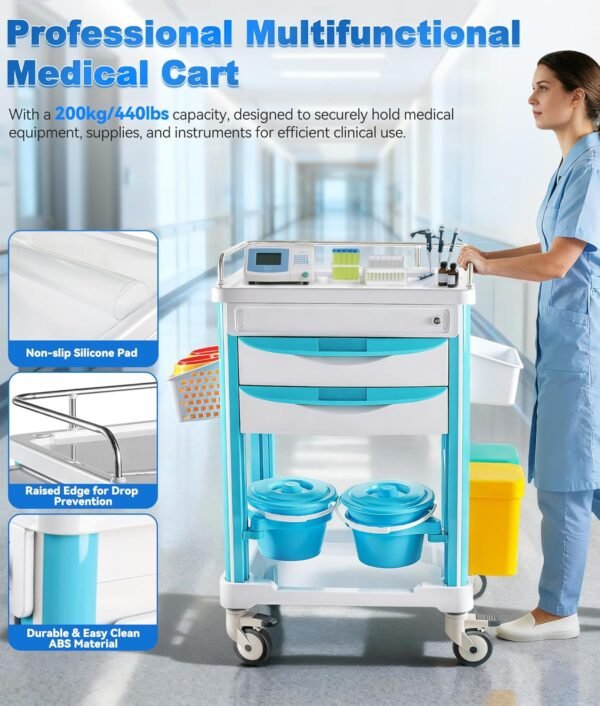 Portable Medical Utility Cart with Drawers & Storage Trays, 4 Quiet Swivel Wheels, 220 LBS Weight Capacity, Mobile Rolling Cart for Hospital, Dental Clinic, Beauty Salon, Spa & Medical Facilities